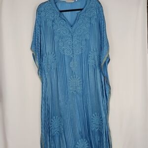 SOFT SURROUNDINGS Caftan Maxi Dress Women's Size S/M Satin Embroidered Blue Gold